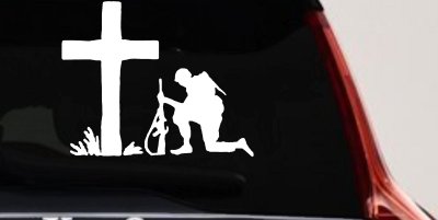 Soldier Kneeling at Cross In Memory of Military Car or Truck Window Vinyl Decal Sticker