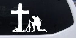 Soldier Kneeling at Cross In Memory of Military Car or Truck Window Decal Sticker