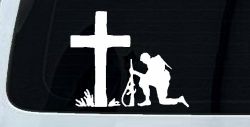 Soldier Kneeling at Cross In Memory of Military Car or Truck Window Decal Sticker