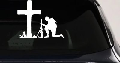 Soldier Kneeling at Cross In Memory of Military Car or Truck Window Vinyl Decal Sticker
