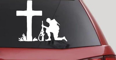 Soldier Kneeling at Cross In Memory of Military Car or Truck Window Vinyl Decal Sticker