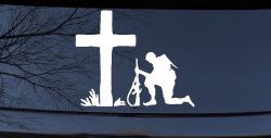 Soldier Kneeling at Cross In Memory of Military Car or Truck Window Decal Sticker