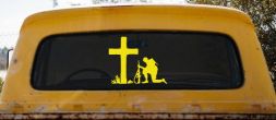 Soldier Kneeling at Cross In Memory of Military Car or Truck Window Decal Sticker (Yellow)