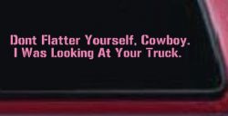 Don't Flatter Yourself Cowboy I was Looking At Your Truck Car or Truck Window Decal Sticker (Pink)