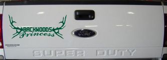 Backwoods Princess with Deer Horns Country Car or Truck Window Decal Sticker (Dark Green)