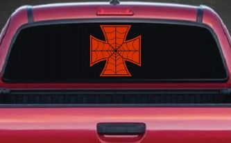 Chopper Iron Cross Spider Web Biker Car or Truck Window Decal Sticker (Orange Red)