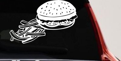 Cheeseburger and French Fries Restaurant Window Lettering  Business Car or Truck Window Vinyl Decal Sticker (White)