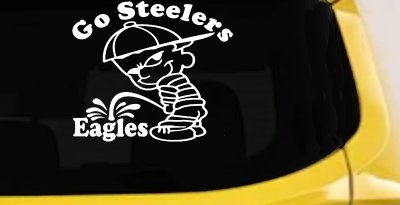 Go Steelers Pee On Eagles Calvin Facing Left Special Orders Car or Truck Window Vinyl Decal Sticker