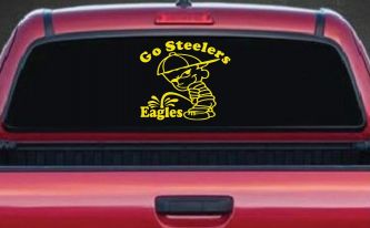 Go Steelers Pee On Eagles Calvin Facing Left Special Orders Car or Truck Window Decal Sticker (Yellow)