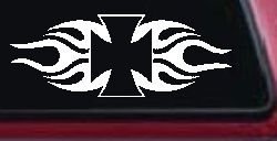 Chopper Iron Cross with Tribal Biker Car or Truck Window Decal Sticker