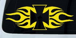 Chopper Iron Cross with Tribal Biker Car or Truck Window Decal Sticker (Yellow)