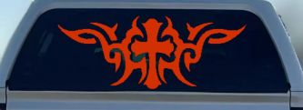 Christian Cross with Tribals Car or Truck Window Decal Sticker (Orange Red)