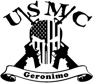 USMC United States Marine Corps Geronimo Punisher Skull US Flag Crossed AR15 Guns
